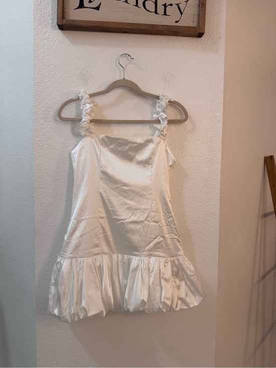 Peppermayo Dresses & Skirts - Peppermayo Monroe White Satin Ruffle-Strap Mini Dress W/ Bubble Skirt Drop Waist